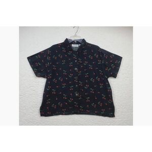 VTG Y2K Cherry Print Blouse Women PL Black Button Down Rayon Allyson Whitmore